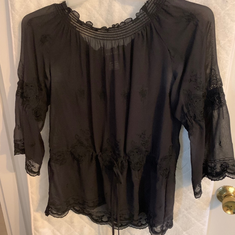 Kenar 100% Polyester Black sheer blouse with lace inserts M